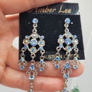 Austrian Crystal Long Dangle Earrings White Blue Amber Lee